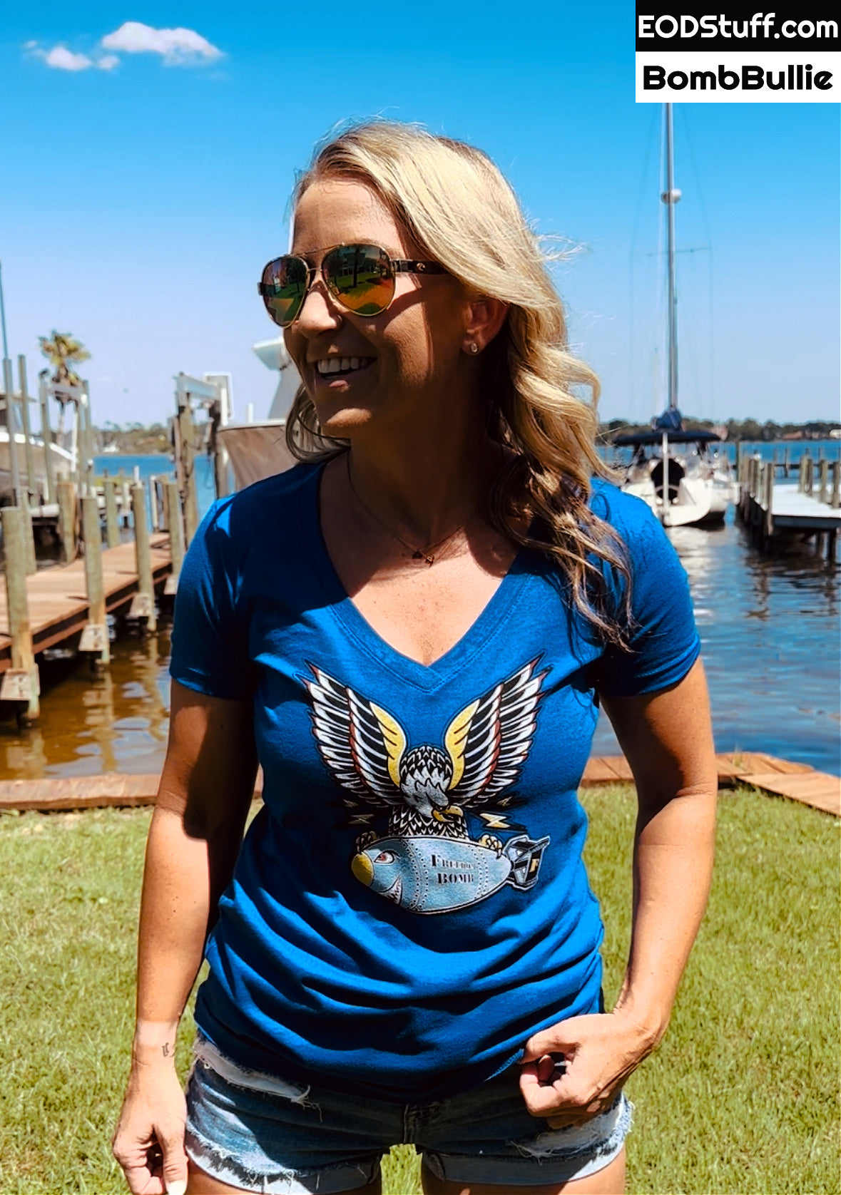 Freedom Bomb Eagle Ladies' Royal V-Neck - Ladies' EOD Tees