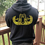 EOD Pullover Hoodie  - Skeebb™ Chest and Explosive Ordnance Disposal Badge Back Logo - Yellow Ink, Black Unisex Hoodie